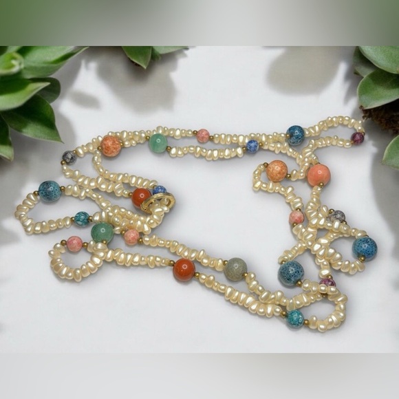 Vintage Double Strand Pearl & Gemstone Beaded Necklace Jade Jasper Amazonite etc - Picture 12 of 12
